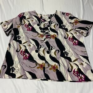 Maggie Sweet Top Ruffle V Neck Floral Evening Cloud Short Sleeve 1X EUC